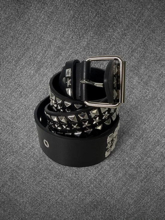 Black Wide Star And Pyramid Stud Grommet Belt Silver Buckle Punk Y2K 45 Inch