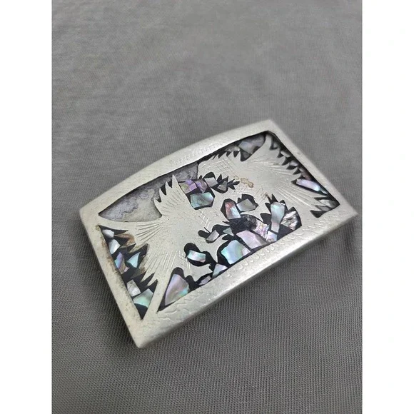 Vintage Abalone Inlay Hawk Belt Buckle Alpaca Mexico Southwestern