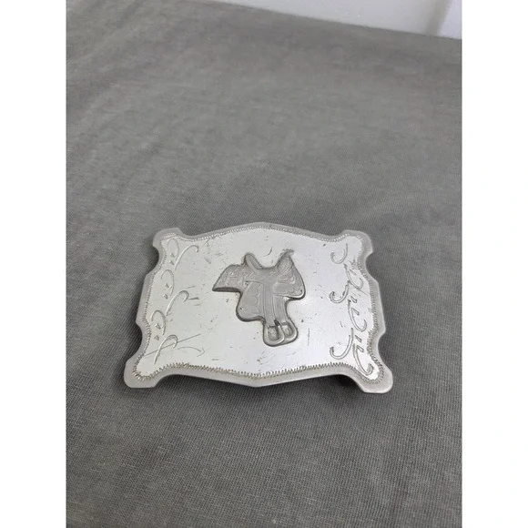 Vintage Nickel Western Saddle Rodeo Cowboy Belt Buckle