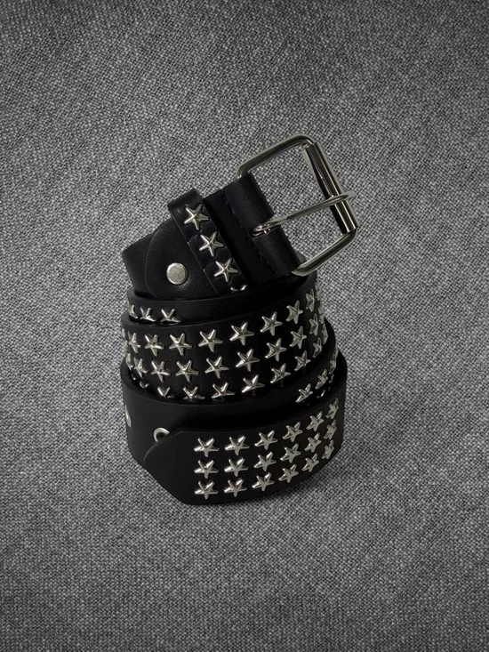 Black Wide Star Studded Grommet Belt Silver Buckle Punk Y2K 45 Inch