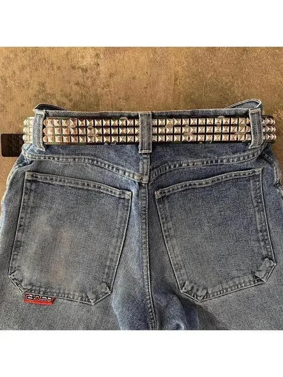 Vintage y2k 2000s Punk Style green camoDiamond Studded black essential belt