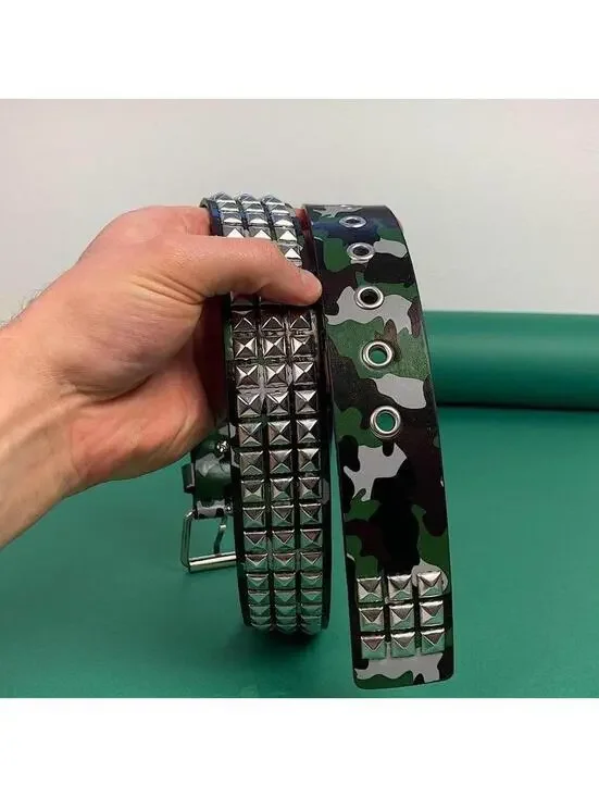 Vintage y2k 2000s Punk Style green camoDiamond Studded black essential belt