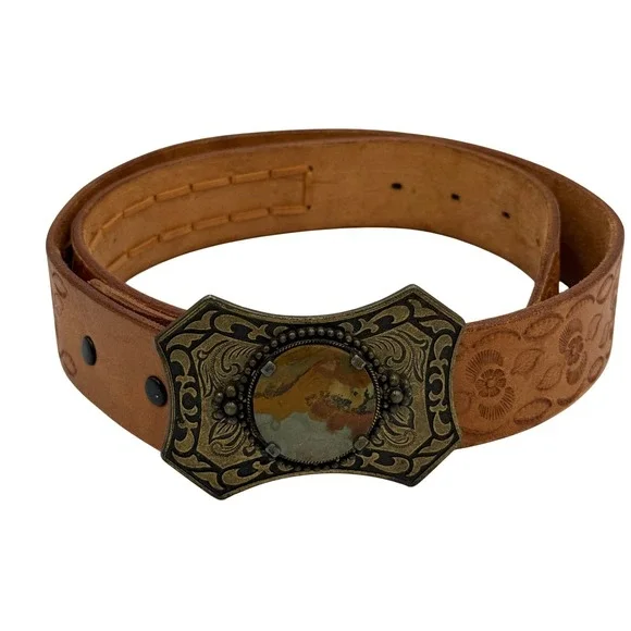 Unbranded Tooled Leather Belt Mens 44 Jasper Stone Trophy Buckle Tan Western