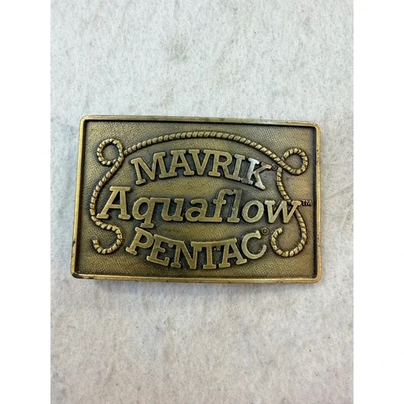 Vintage Mavrik Aquaflow Pentac Brass Tone Rectangular Belt Buckle Industrial 3in