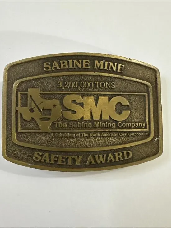 Vintage Sabine Mine Coal Mining Safety Award Belt Buckle SMC Texas Brass Tone