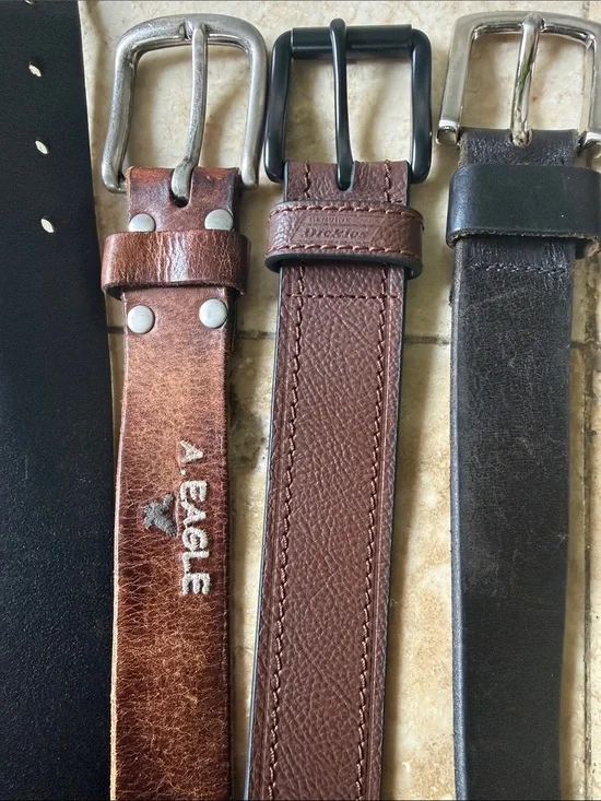 Men’s leather belts (3)  one American Eagle, one dickies and one no brand all 38