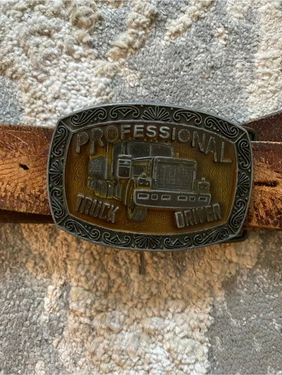 Vintage Metal Professional Truck Driver Buckle Leather Belt size 44