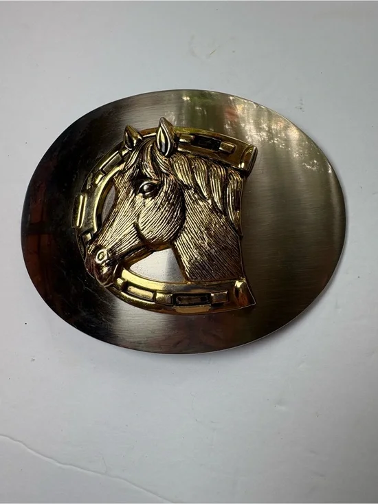 Western Oval Silver Tone Horse Head Horseshoe Cowboys Vintage Belt Buckle
