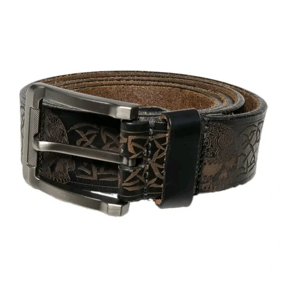 Embossed Skulls Leather Belt Men's Size 44 Made In India Black/Brown