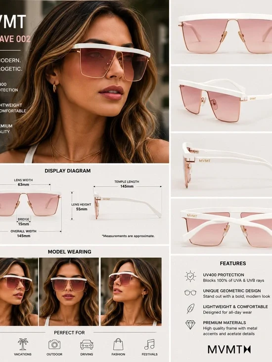 MVMT NU WAVE 002 White Geometric Shield Sunglasses Rose Gold Pink Gradient Lens