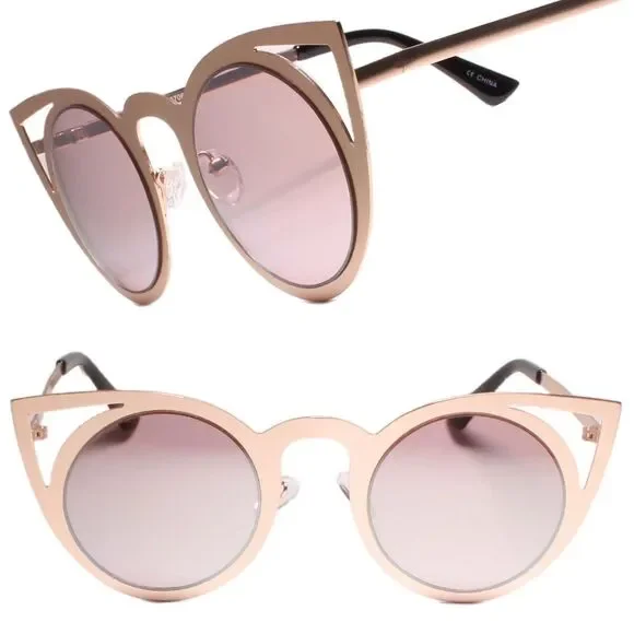 Stylish Chic Womens Green Mirrored Lens Round Cat Eye Sunglasses Gold Frame