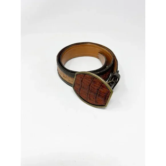 Thiago Store Friscotx Mens Crocodile Skin Leather Slim Belt Buckle Brown Size 36