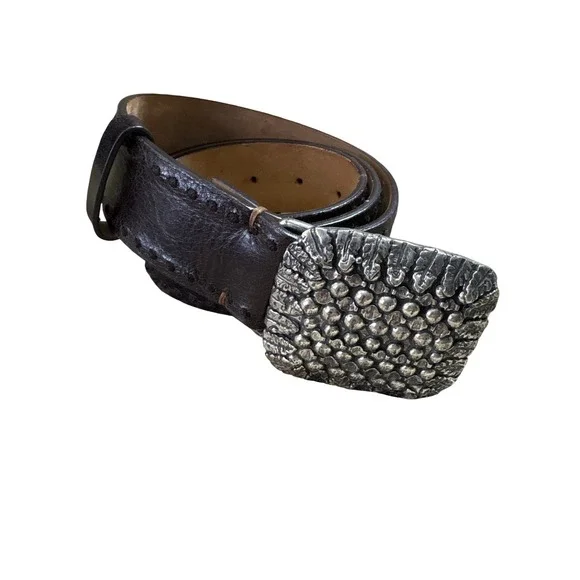Post & Co Italy Dark Brown Leather Whipstitch Belt Silver Textured Buckle 32‎