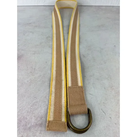 Vintage Beige & Yellow Canvas Belt With Brass D-Ring‎ Buckle