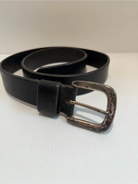 Vintage GAP Black Leather Belt with Distressed Silver Harness Buckle Size 34 Y2K