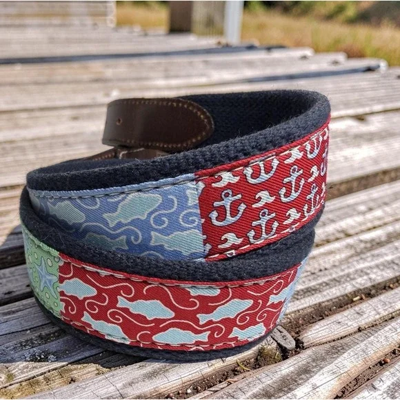 Vineyard Vines Whale Belt Canvas Leather Fish Starfish Anchor Preppy Sz 32 Lk Nw