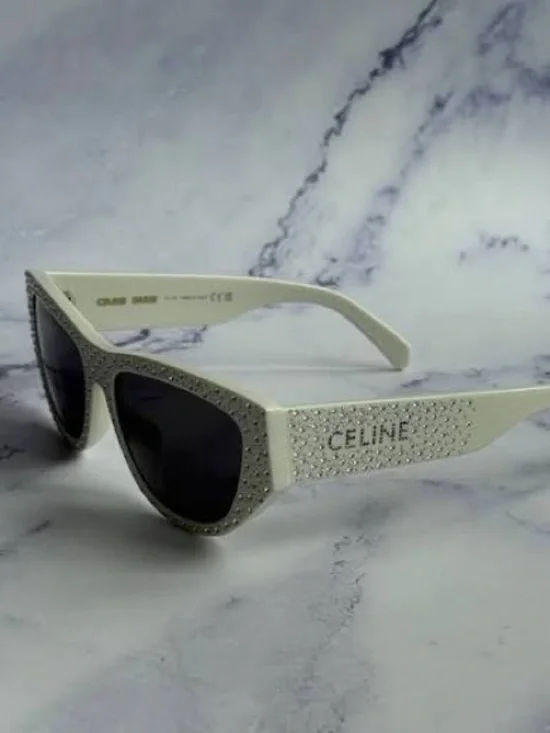 Celine White Crystal-Studded Cat-Eye Sunglasses with Dark Lenses