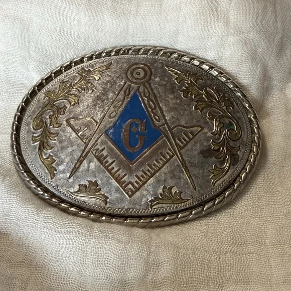 VTG Masonic Belt Buckle Freemason Square Compasses Blue Enamel Western Made USA