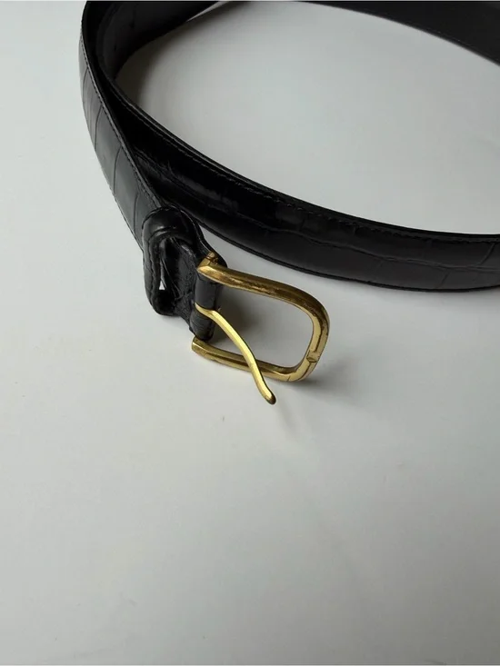 Black Croc-Embossed Leather Belt with Gold Buckle
