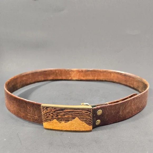 Kenneth Reid Albuquerque Brass Wood Mountain Inlay Leather Belt Vintage Brown