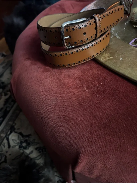 Cole Haan Tan Leather Brogue-Style Belt with Silver Buckle