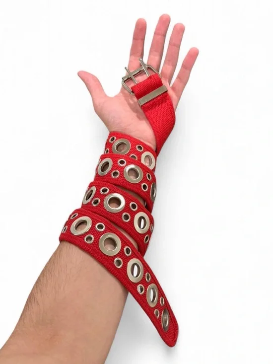 Y2K Red Double Grommet Canvas Belt 47.24” Silver Eyelet Punk Skater Emo
