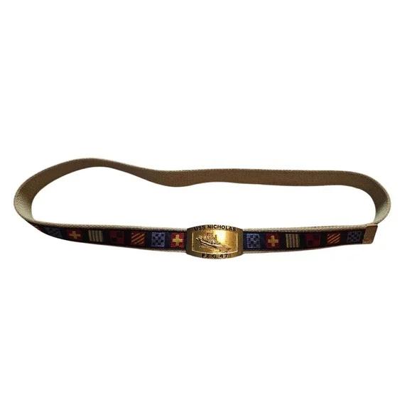 USS Nicholas FFG 47 Military Web Belt Gold Buckle Nautical Signal Flags Khaki