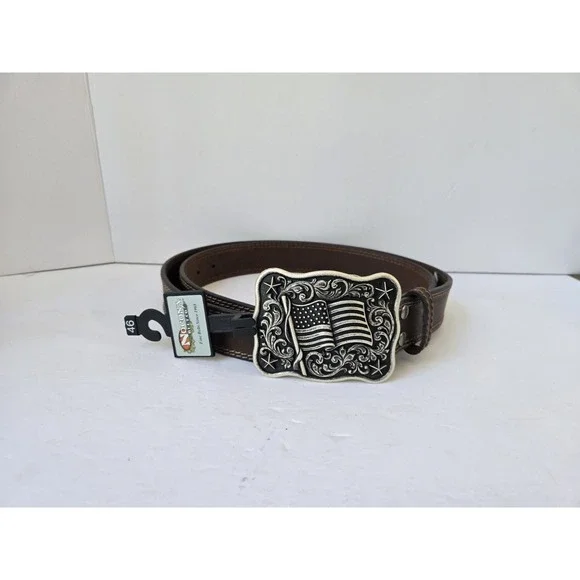 Nocona USA leather belt N210002444 46 brown American Flag buckle‎ NEW sz 46