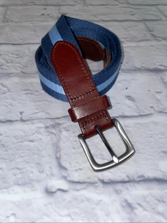 Vineyard Vines Blue Striped Canvas Belt with Brown Leather Size 40