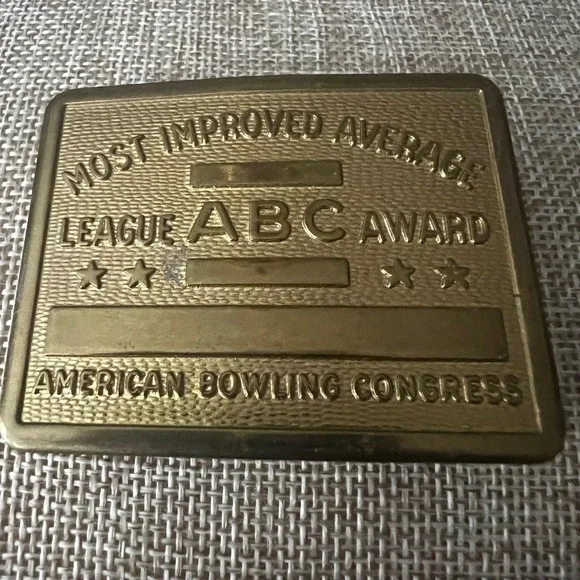 Vintage American Bowling Congress ABC Award Belt Buckle Brass Tone 3in Americana