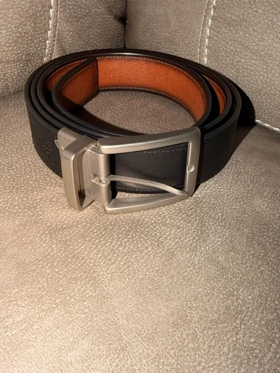 Men's Reversible Black/Brown Leather Belt with Brushed Metal Buckle NWOT