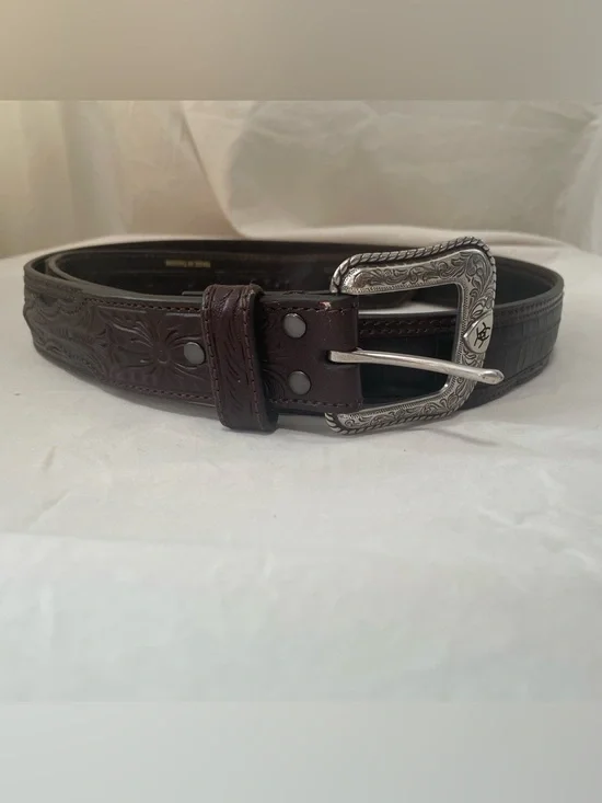 Ariat Brown Leather Tooled Western Belt with Silver Buckle