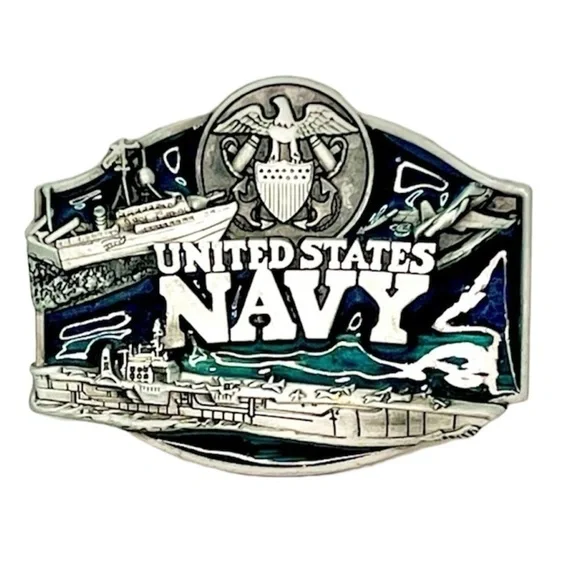 Vintage United States Navy Armed Forces Belt Buckle Metal Alloy Pewter Enamel