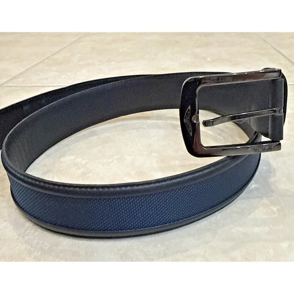 NWOT Tumi Black & Navy Blue Textured Inlay Gunmetal Buckle 95/38 Belt France *