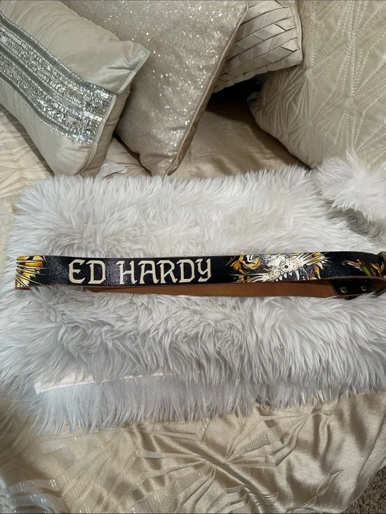 Ed Hardy Black Belt with Cream Logo and Multicolor Tiger Graphic