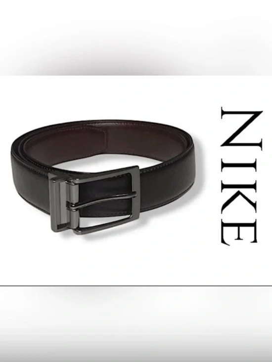 Nike Brown and Black Synthetic Leather Belt with Silver Buckle