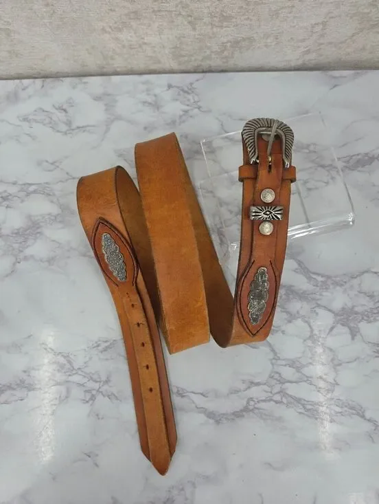Vintage Tan Leather Men's Western Top Hand Belt Silver Floral Concho Accents