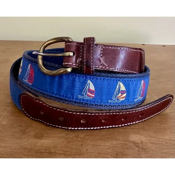 Leather Man Blue Belt Ltd. Sailboat Theme Size 42 Canvas Brass Buckle EUC