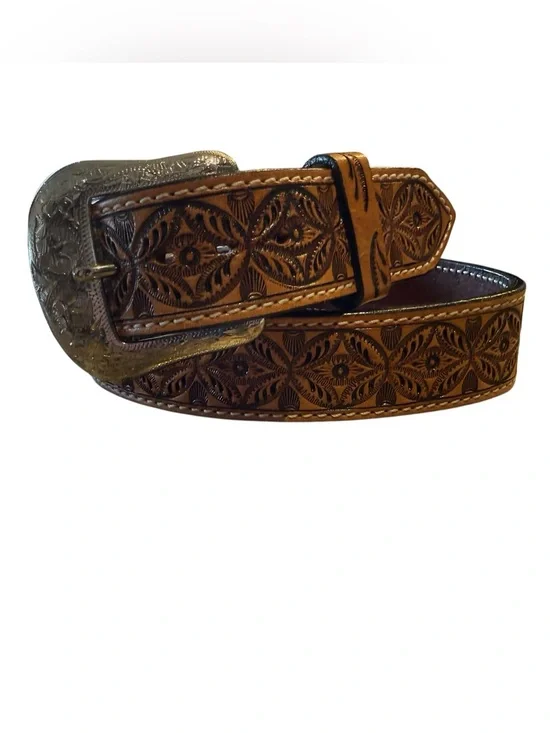 Hand-Tooled Brown Leather Men's 38 Belt with Decorative Silver Buckle