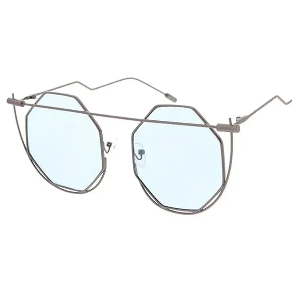Geometry Glam: Women's Large Octagonal Wire Frame Blue Sunglasses