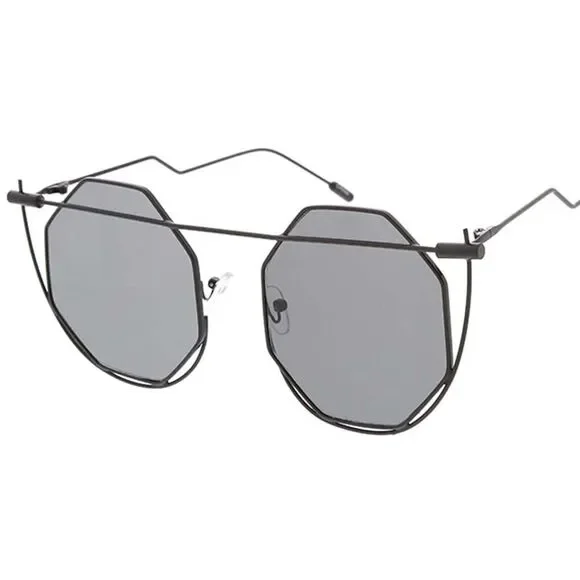 Geometry Glam: Women's Large Octagonal Wire Frame Black Sunglasses