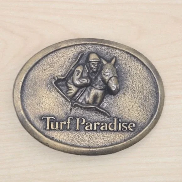 Turf Paradise Belt Buckle Horse Jockey Racing Vintage Metal‎ Western Americana