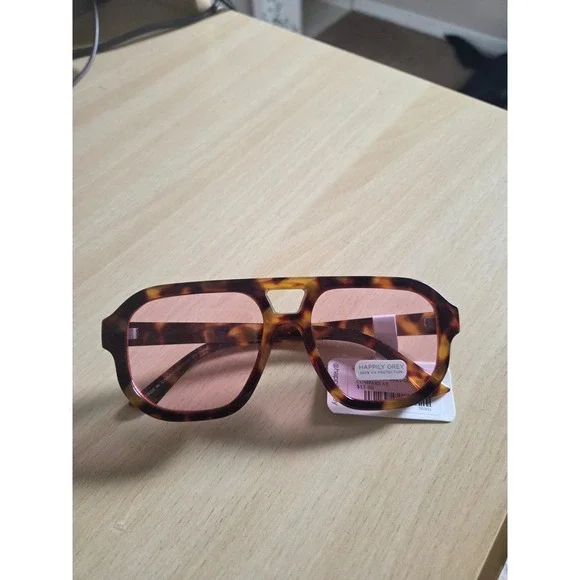 Happily Grey Tortoise Shell Aviator Sunglasses Pink Tinted Lens Retro Oversized