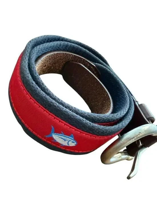 Southern Tide Belt Nautical Skipjack Fish Sz 32 Red Blue Ribbon Canvas Leather