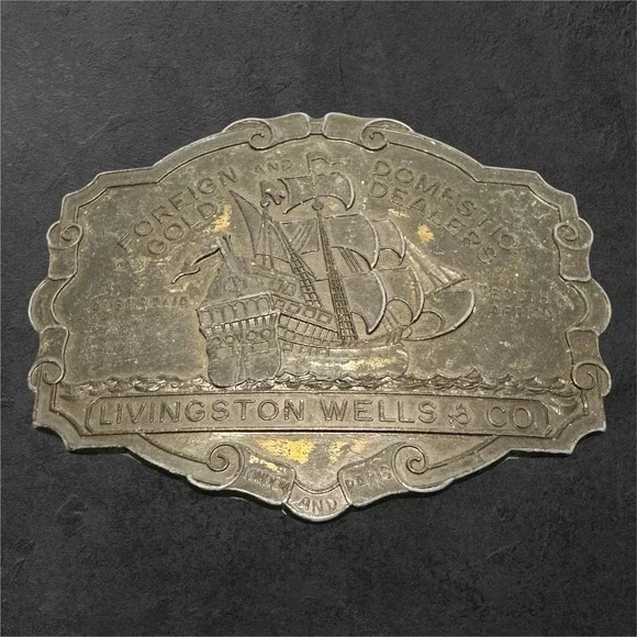 Vintage‎ Livingston Wells & Co Belt Buckle Ship Foreign Domestic