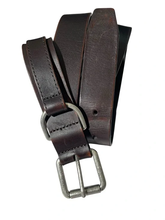 Vintage Men's Brown Leather Belt Double Silver Buckle Western City Hippie Sz 38