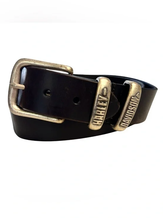 Harley-Davidson Vintage  Black Leather Belt with Silver-Tone Logo Accents Sz.38
