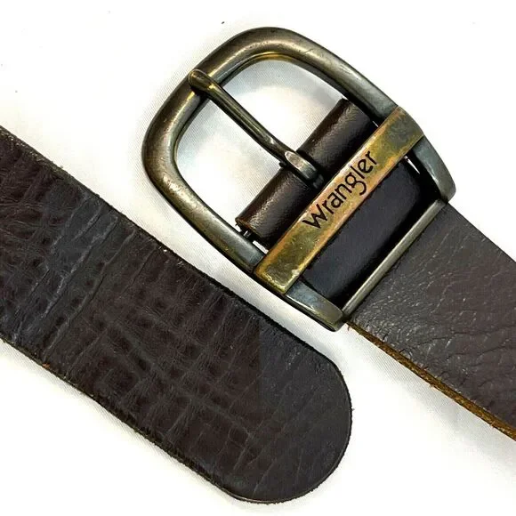 Wrangler Mens Leather Belt 36 Frame Style Buckle Brown Heavy Duty 32-41