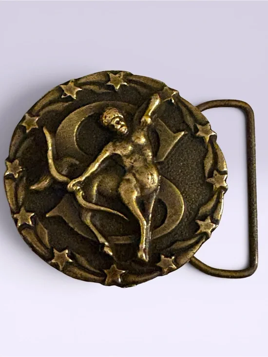 Vintage Bouwerie Lane Art Deco Sagittarius Zodiac Sign Brass Round Belt Buckle
