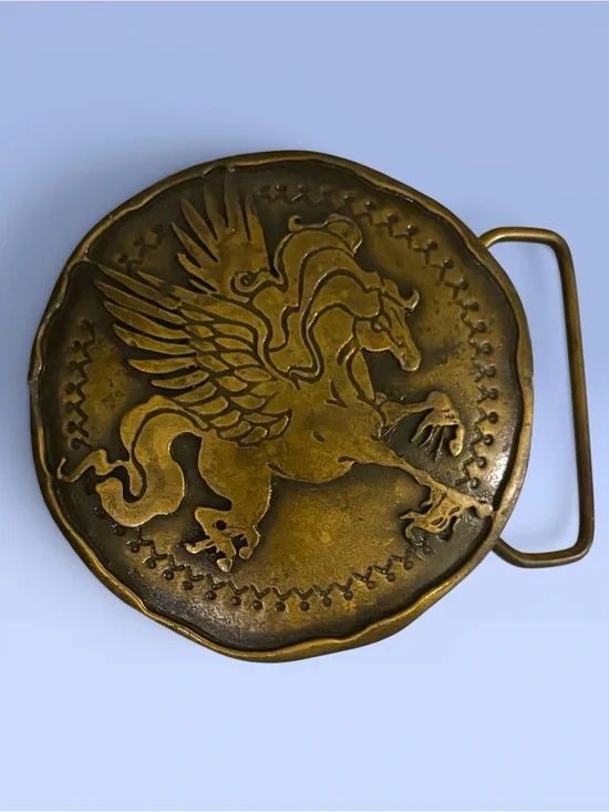 Vintage 70s Pegasus Heavy Brass Belt Buckle Round Dege Design
